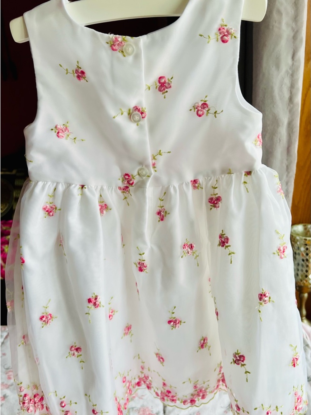 White & Pink Floral Girls' Casual Dress with Pink Sash - Picture 2 of 3